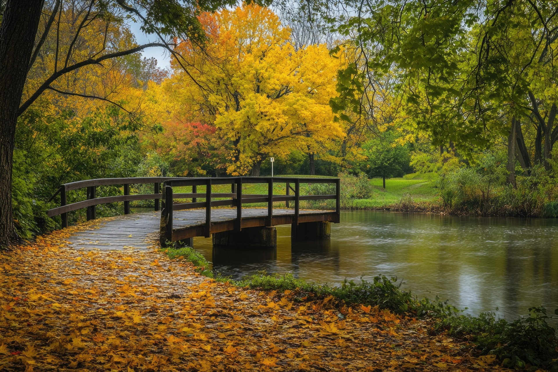 Footbridge over a pond in a Westfield park in autumn